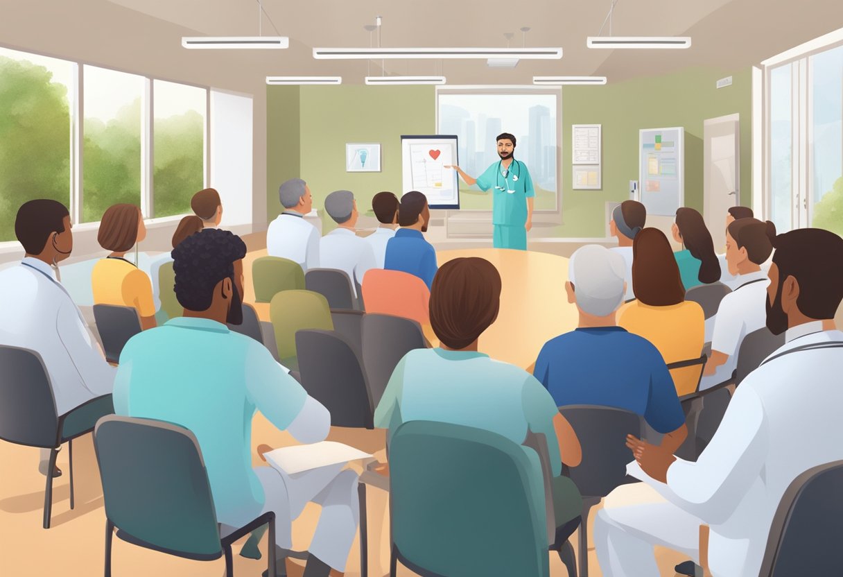 A doctor explaining heart failure treatment options to a group of attentive patients in a hospital conference room