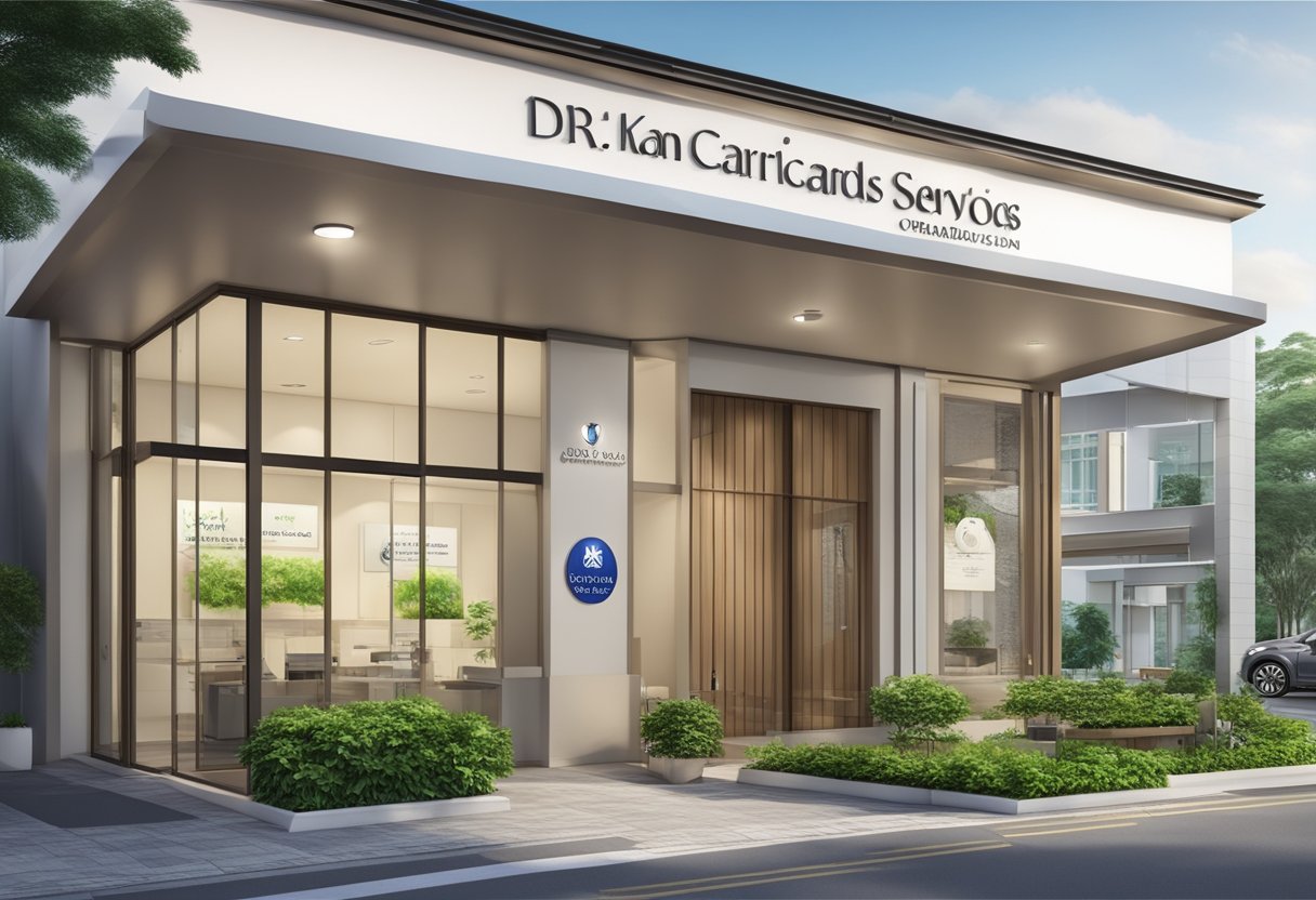 A modern clinic with the sign "Orchard Heart Specialist Clinic Services" and the name "Dr. Tan Kok Soon, Cardiologist, Singapore" displayed prominently