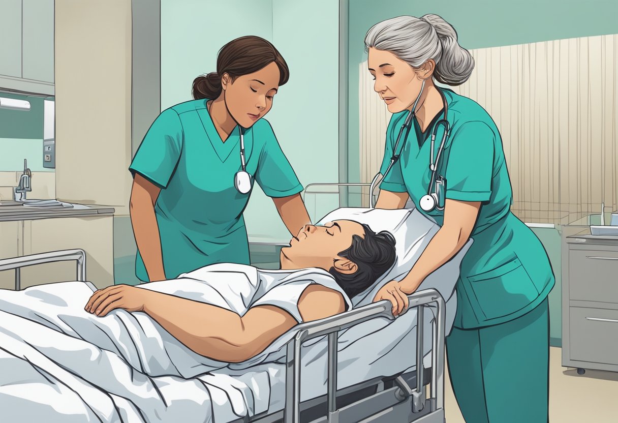 A person lying in a hospital bed, clutching their chest in pain, while a nurse rushes to their side with a basin as they begin to vomit
