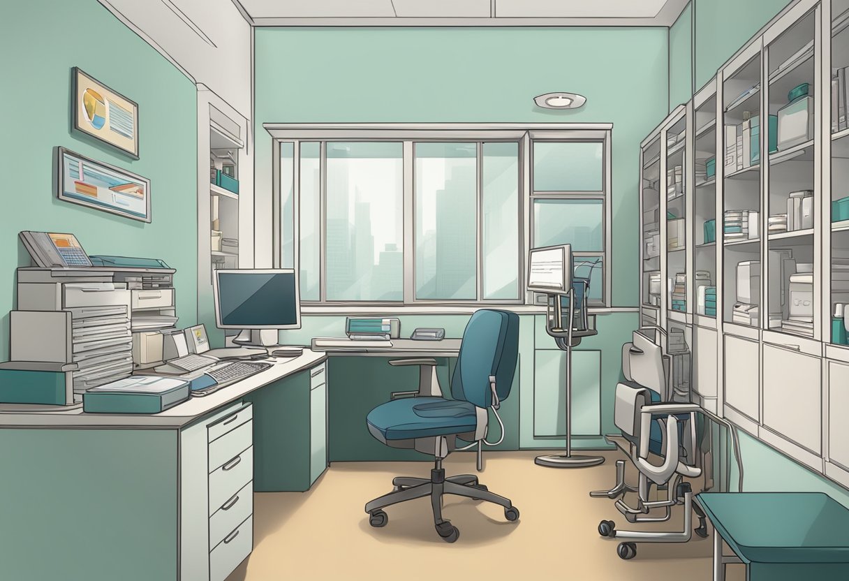 A doctor's office with a desk, computer, and medical equipment. A sign on the wall reads "Frequently Asked Questions - Dr. Tan Kok Soon, Cardiologist, Singapore."