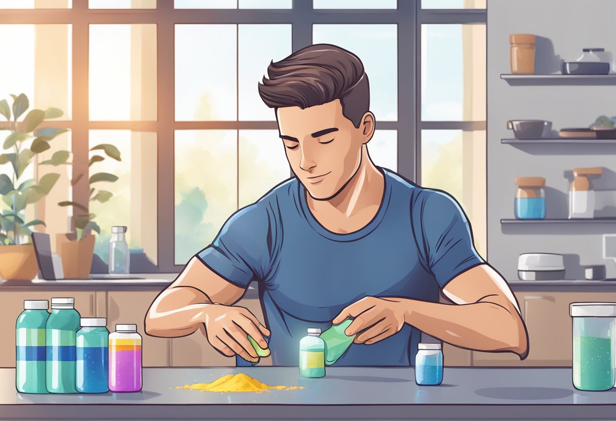 A person mixing pre-workout powder into a water bottle before a workout, with a sense of anticipation and energy