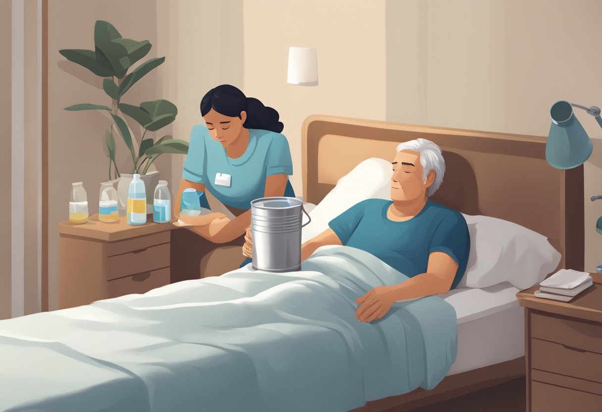 A person lying in bed, holding a bucket, with a concerned caregiver offering water and medication