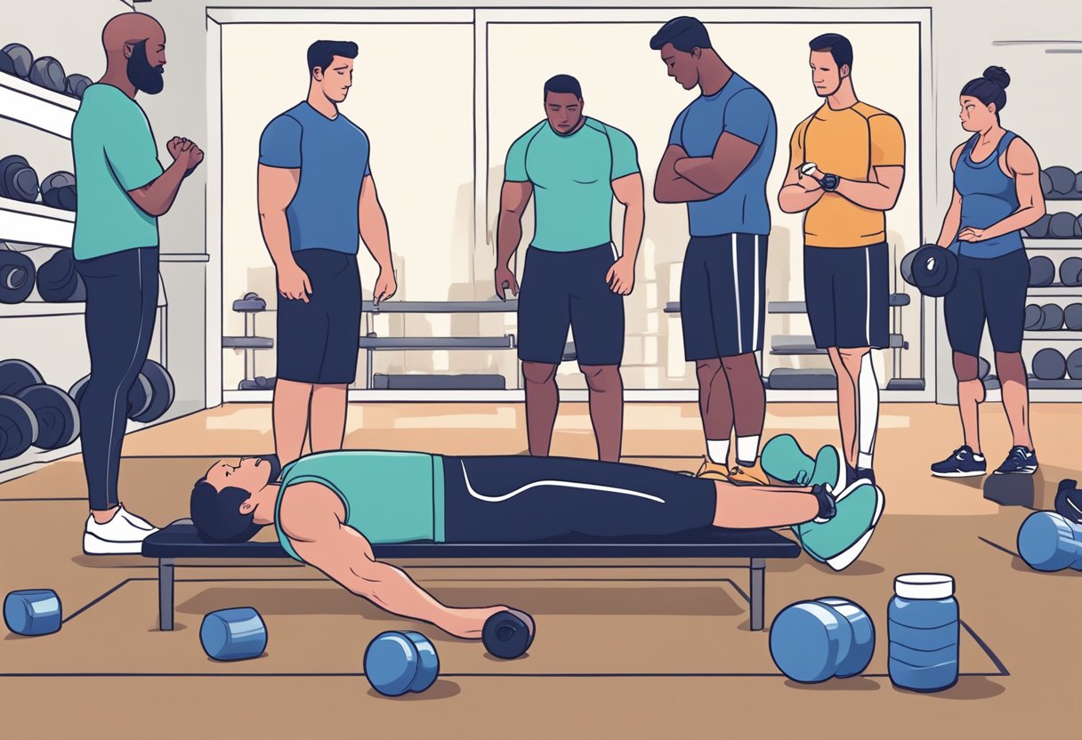A person collapses in a gym, surrounded by concerned onlookers and a bottle of pre-workout supplements