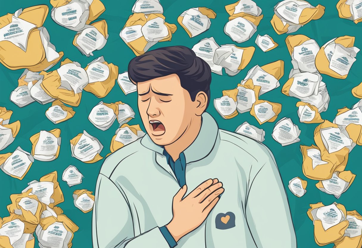 A person with a heart attack vomits, surrounded by FAQ signs