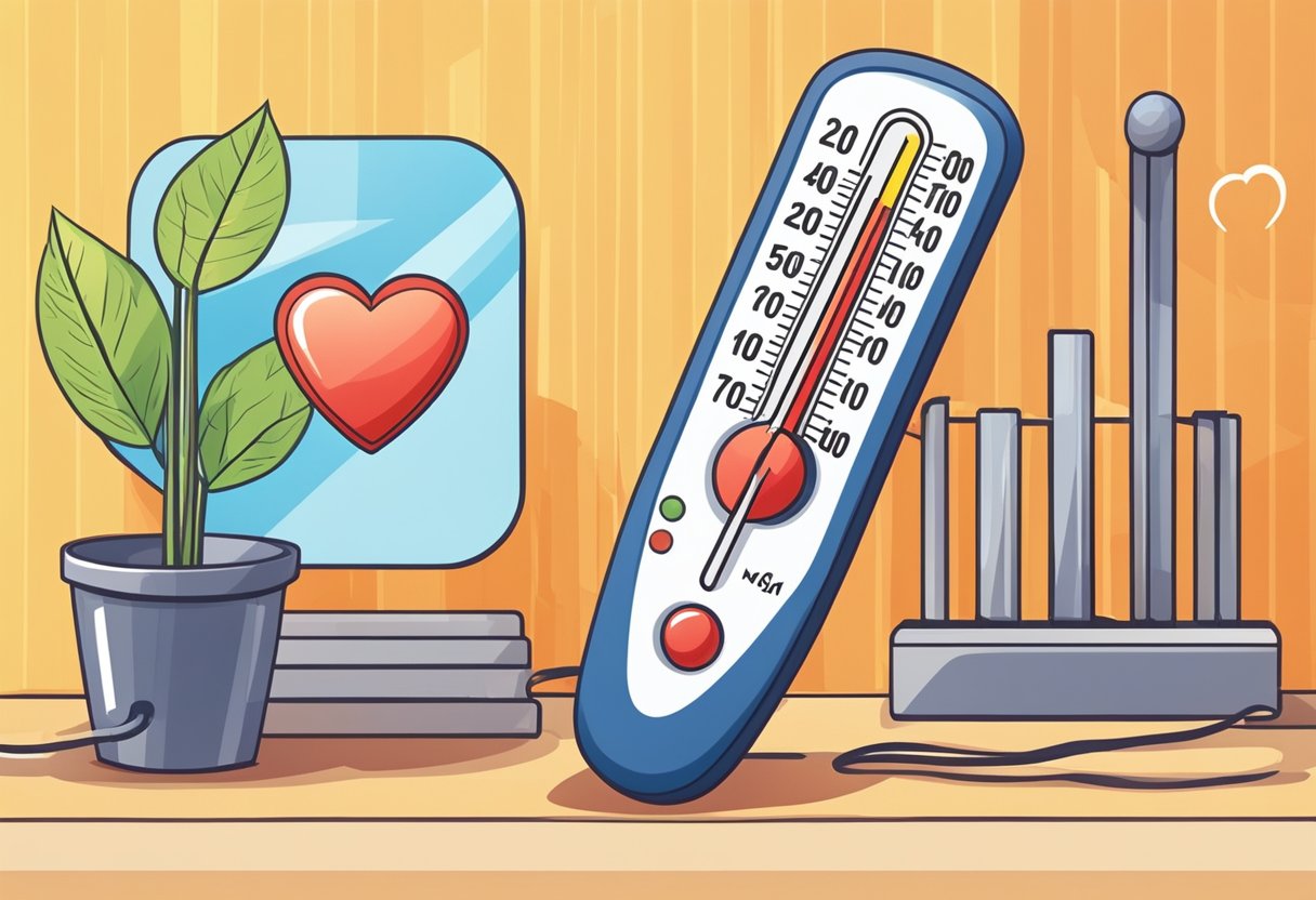 A thermometer reads a high temperature, while a heart rate monitor shows an elevated heart rate. The sun shines brightly in the background, indicating a hot environment
