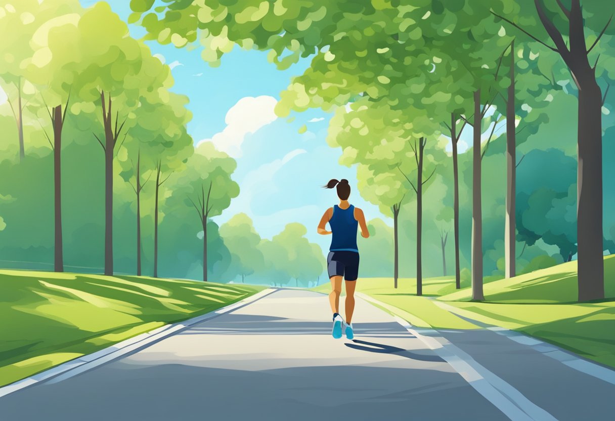 A person is jogging in a park with green trees and a clear blue sky. They are wearing exercise clothes and have a water bottle in hand