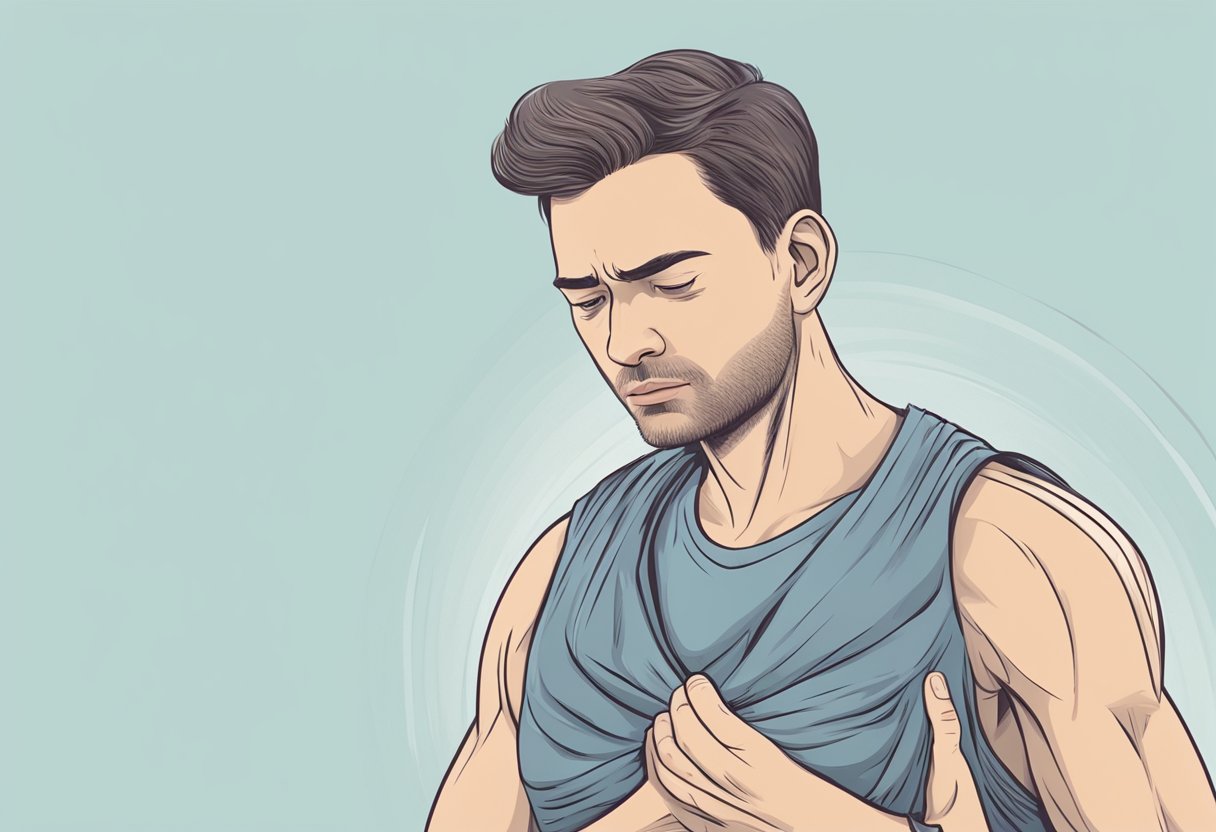 A person clutching their chest and showing facial drooping, with a sudden onset of weakness on one side