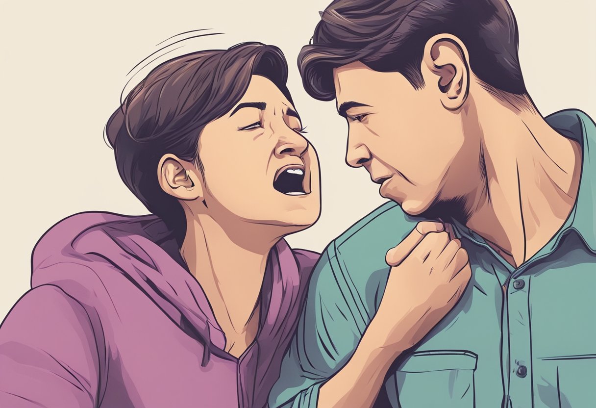 A person clutching their chest and struggling to speak, while another person's face droops on one side