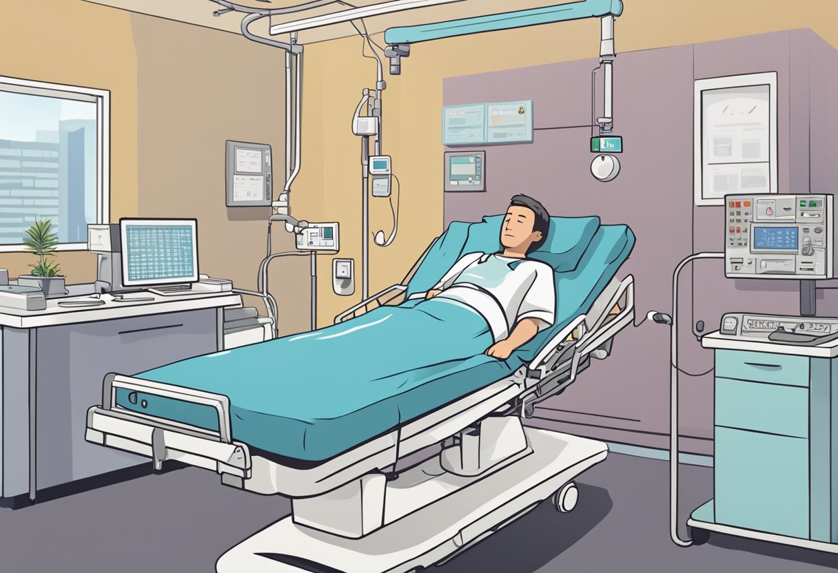 A person lying in a hospital bed, surrounded by medical equipment and receiving physical therapy. A heart monitor beeping in the background