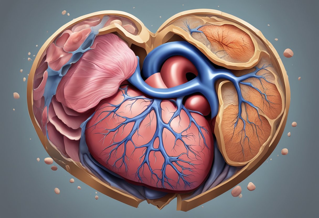 A heart with visible damage, surrounded by fluid buildup and weakened muscle tissue
