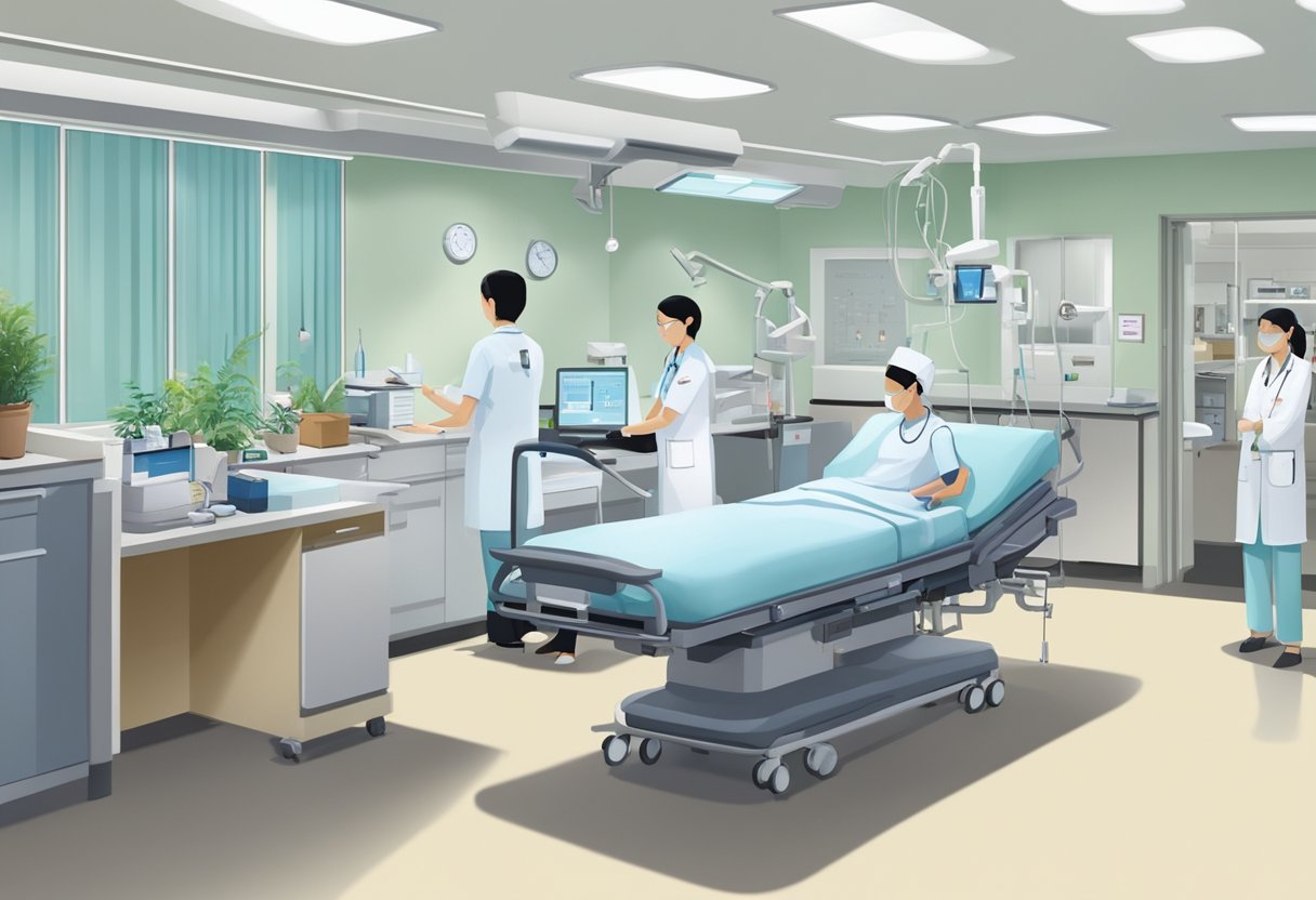 The bustling cardiology department at Changi General Hospital, with doctors and nurses attending to patients, medical equipment, and a calming atmosphere