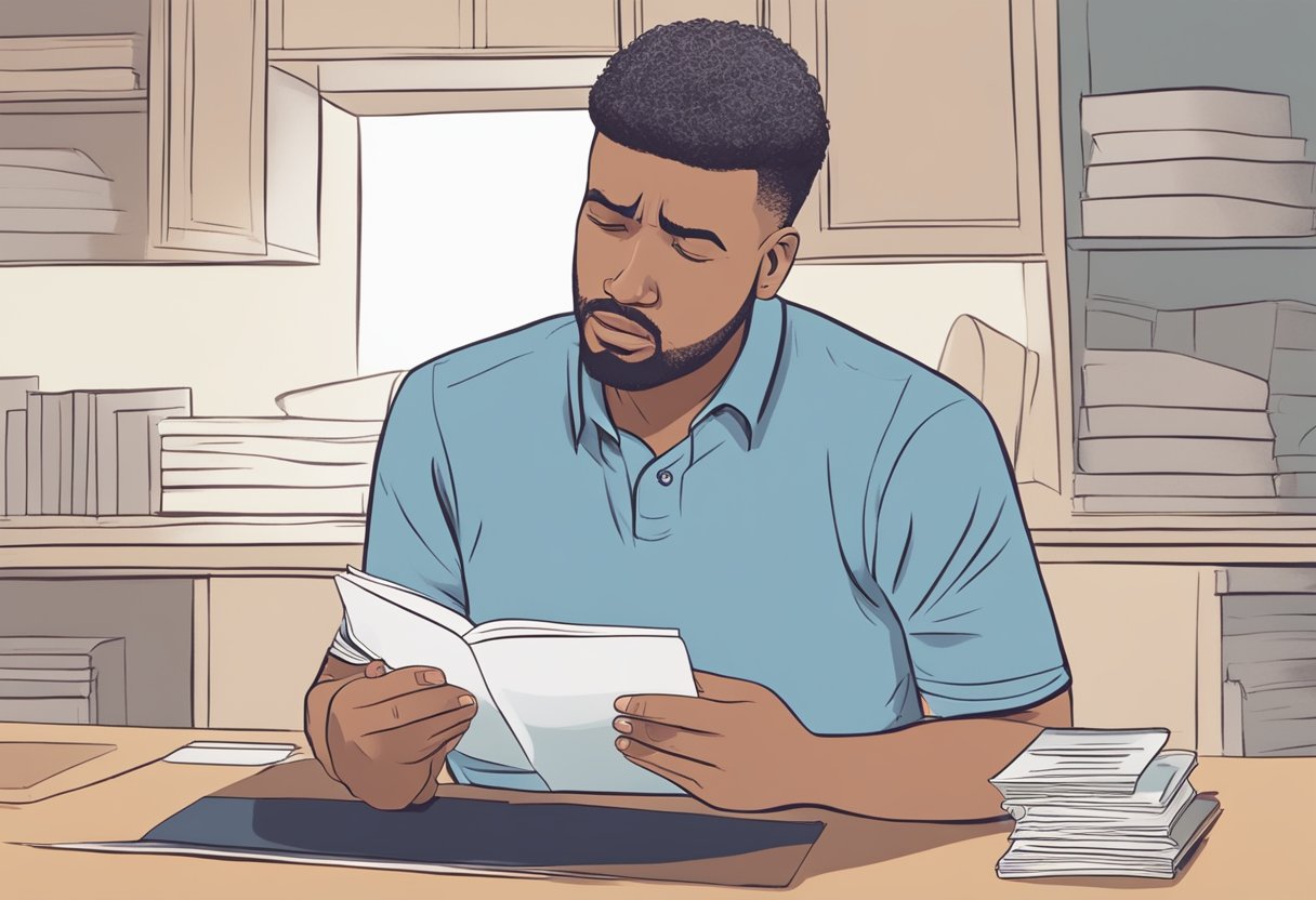 A person reading a pamphlet labeled "Frequently Asked Questions post myocardial infarction heart failure" with a concerned expression on their face