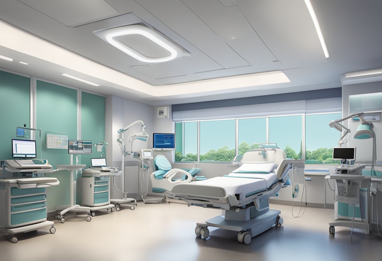 A modern hospital room with advanced cardiology equipment and monitors, showcasing comprehensive services at Changi General Hospital