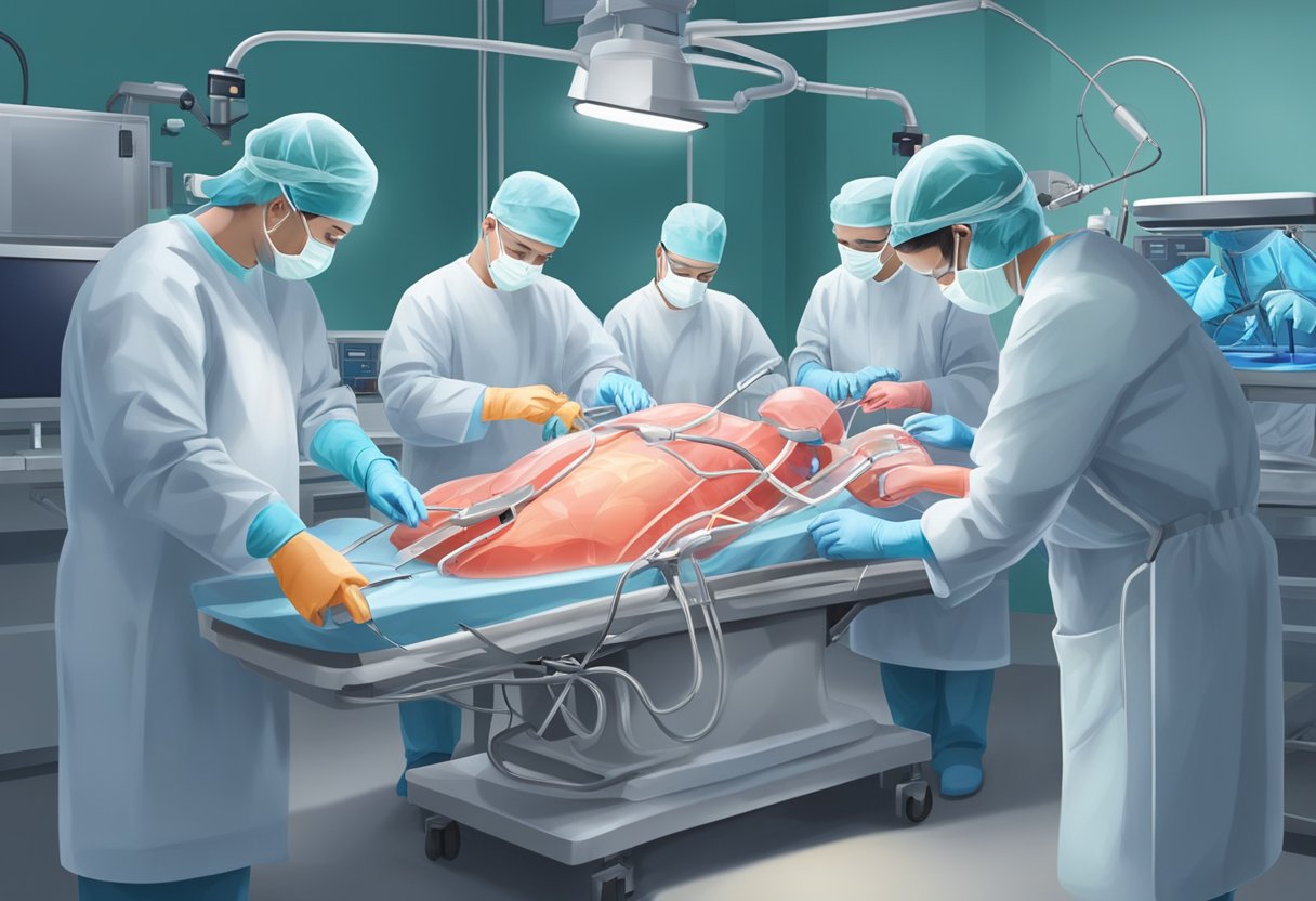 A team of surgeons perform delicate procedures on the heart and blood vessels in a sterile operating room