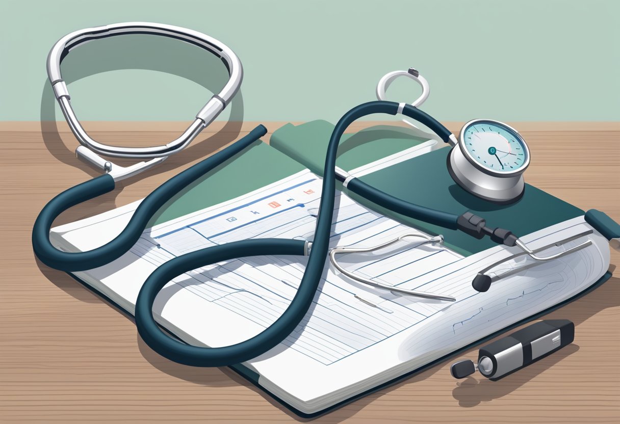 A stethoscope and medical journal lay open on a desk, with a heart rate monitor beeping in the background
