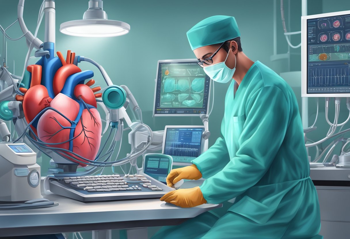 A surgeon carefully operates on a beating heart, surrounded by intricate medical equipment and monitors