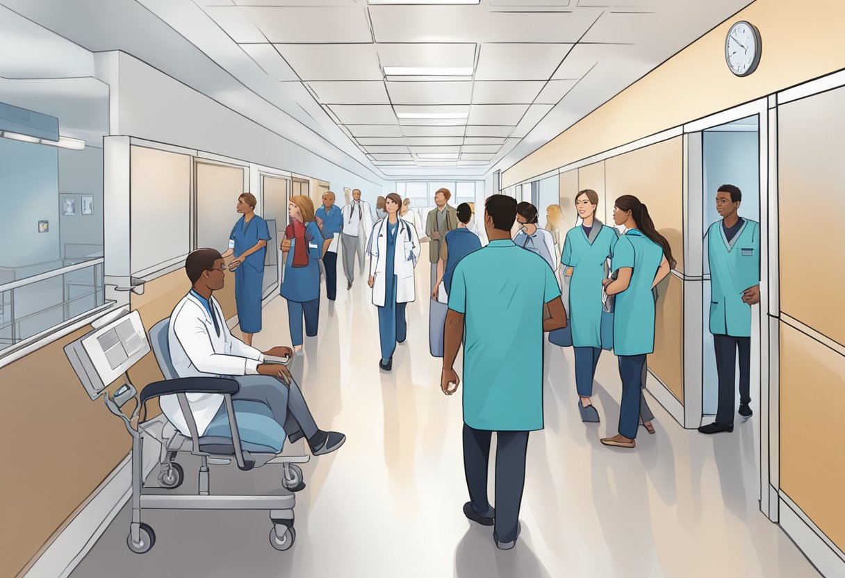 A bustling hospital hallway with researchers and educators collaborating on cardiology initiatives