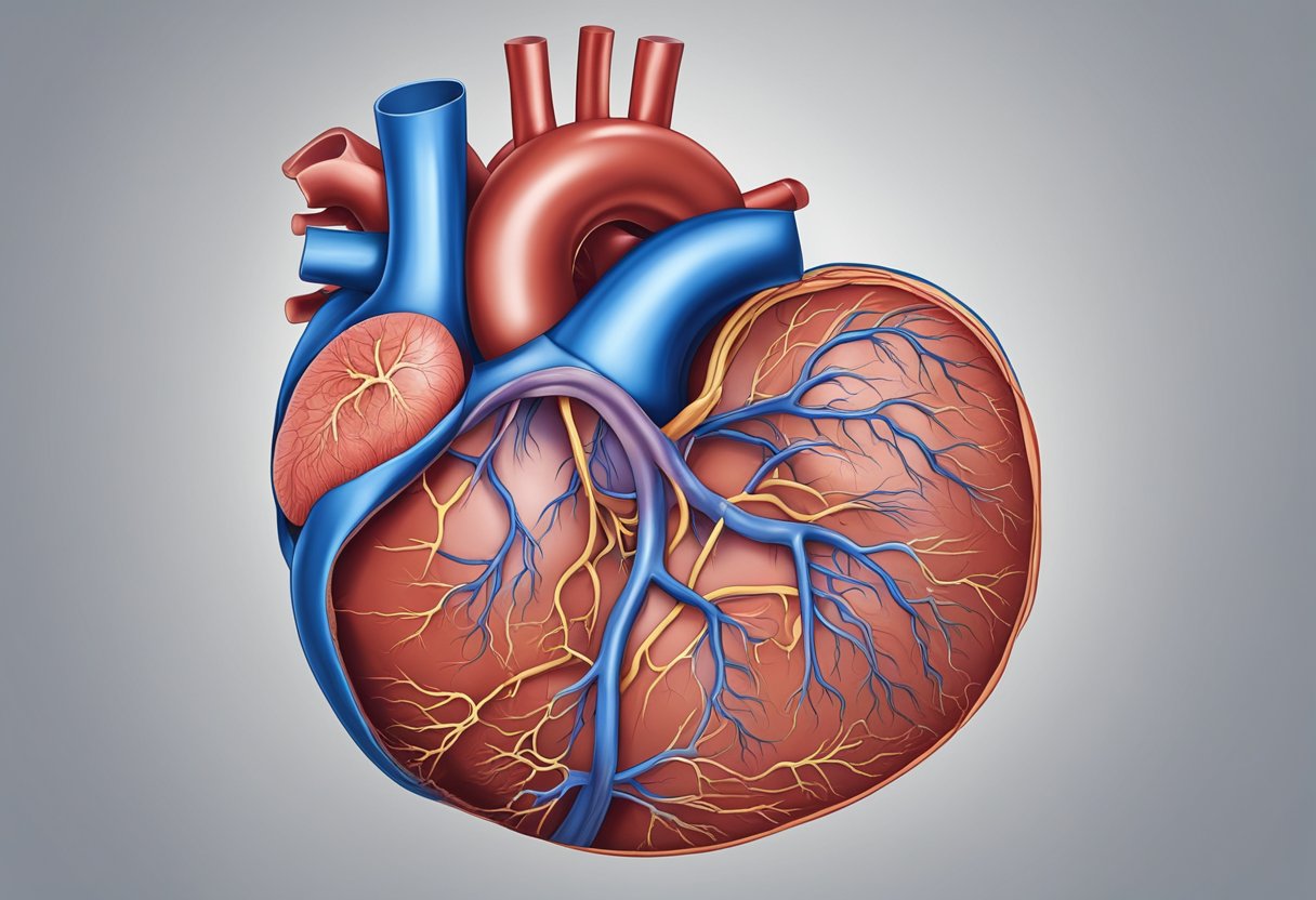 A heart surrounded by failing blood vessels, with weakened muscles and increased pressure