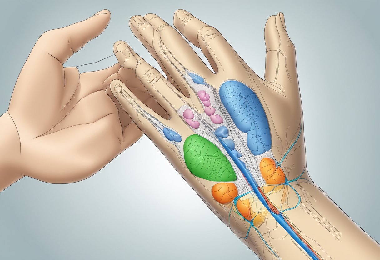 A hand pressing on the acupressure points for heart pain on a diagram or model