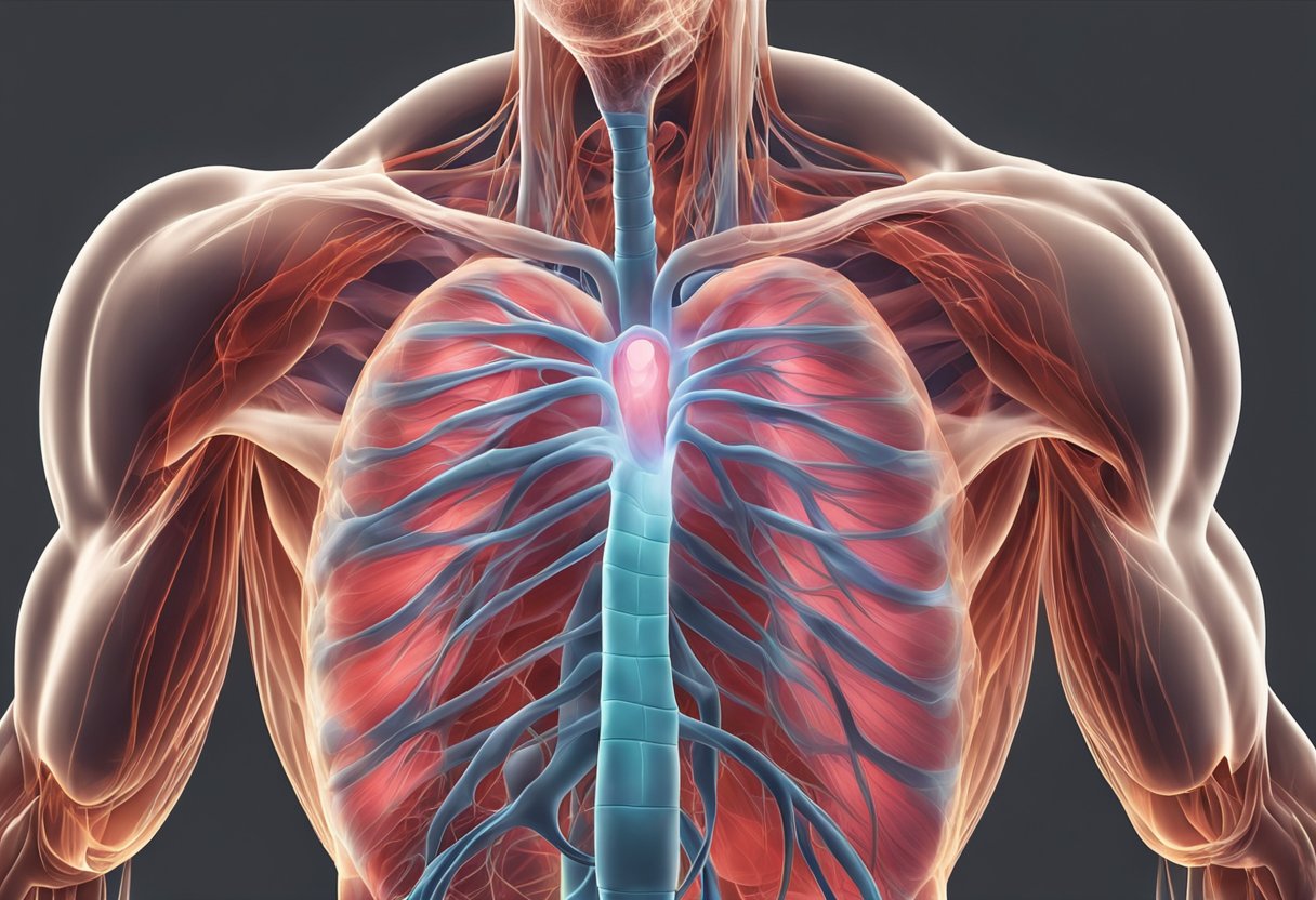A heart pounding rapidly in a chest, sweat glistening on skin, and heavy breathing after intense physical activity