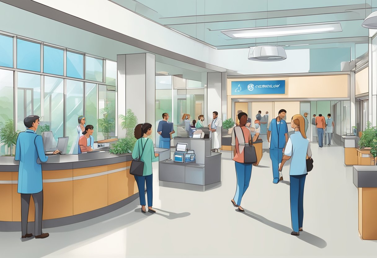 A bustling hospital lobby with a prominent "Cardiology" sign. People waiting, reception desk, and informational displays