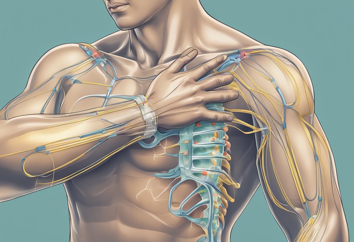 A person applying pressure to specific points on the body to relieve heart pain. The points are located on the chest, arms, and hands