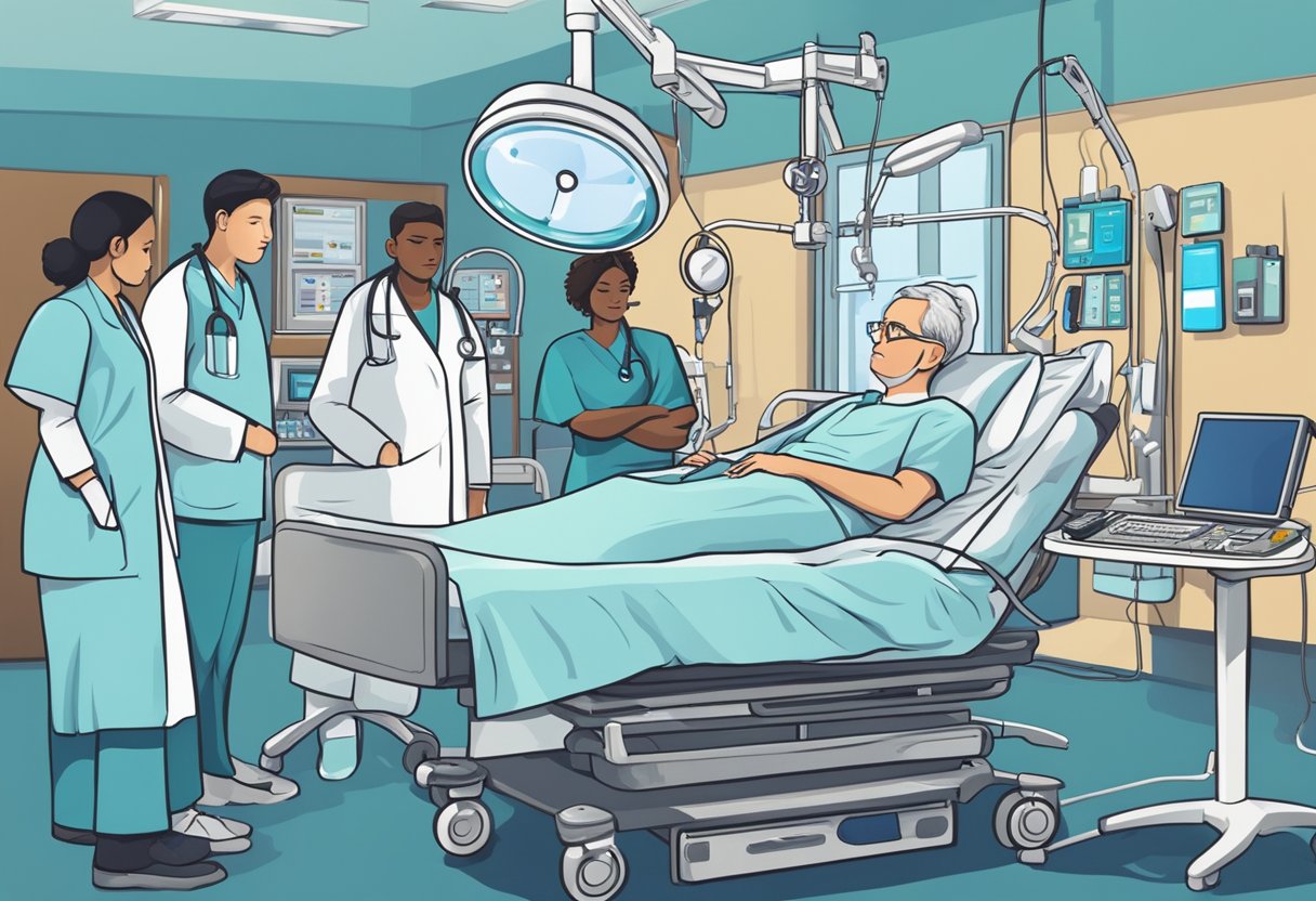 A patient is resting in a hospital bed, surrounded by medical equipment and a team of healthcare professionals. A monitor displays vital signs, while a nurse adjusts IV fluids