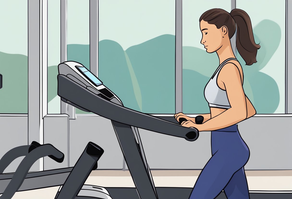 A person standing on a treadmill, with a hand on their chest, looking concerned after exercising
