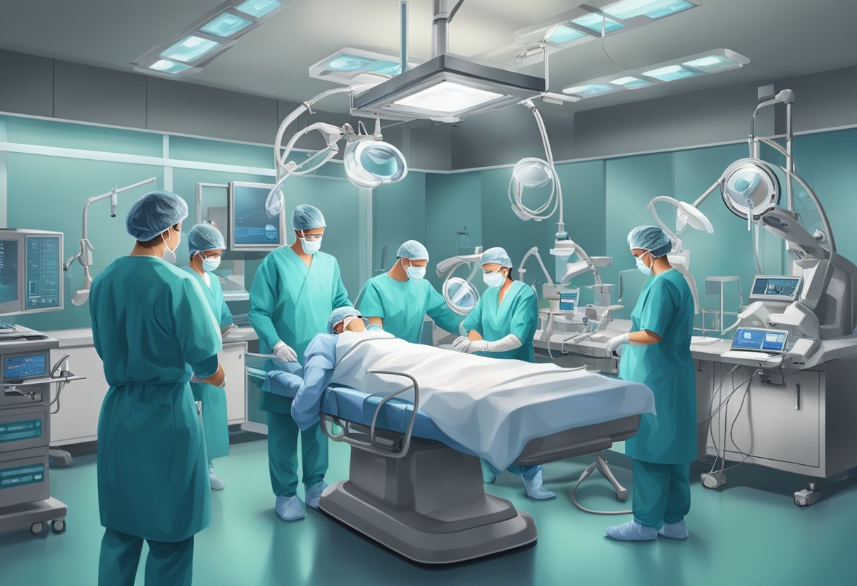 A surgeon performing heart and vascular surgery in a sterile operating room, surrounded by medical equipment and a team of focused professionals