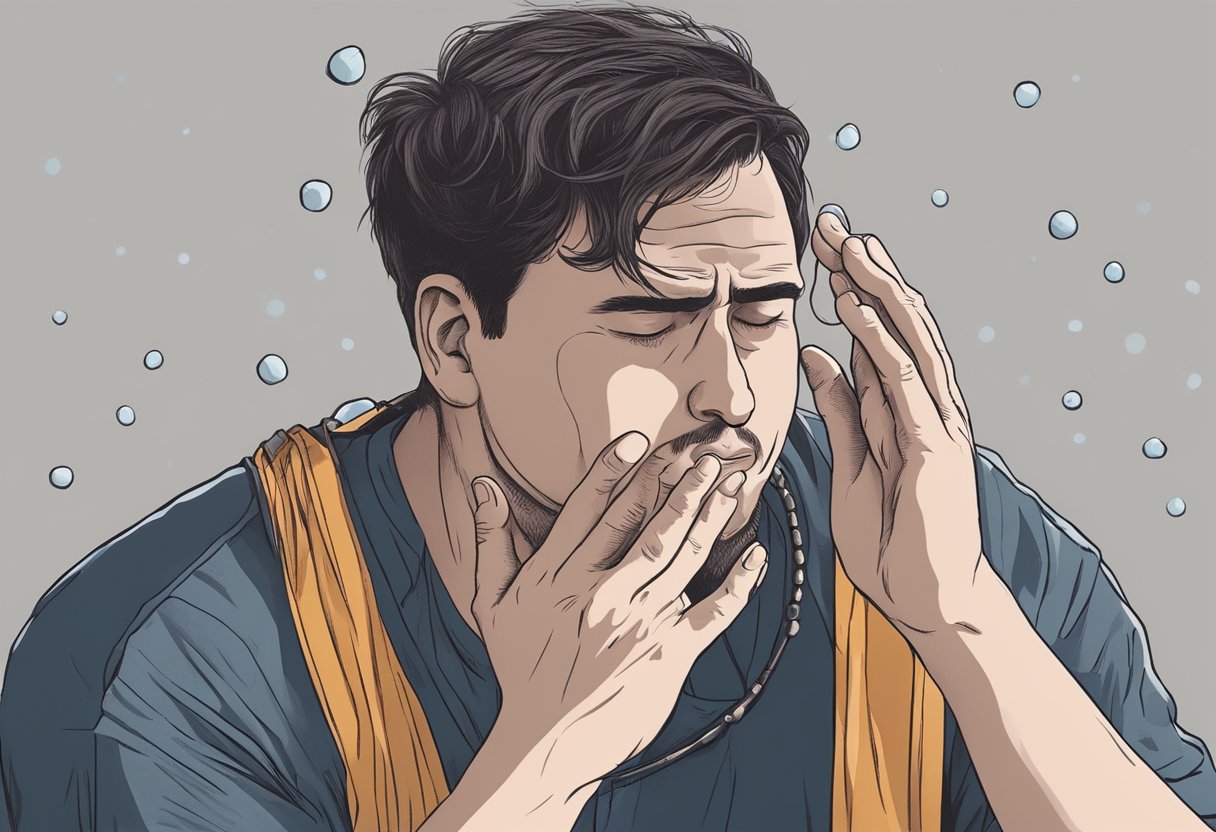 A person clutches their chest in pain, sweat beads on their forehead. A sense of impending doom fills the air