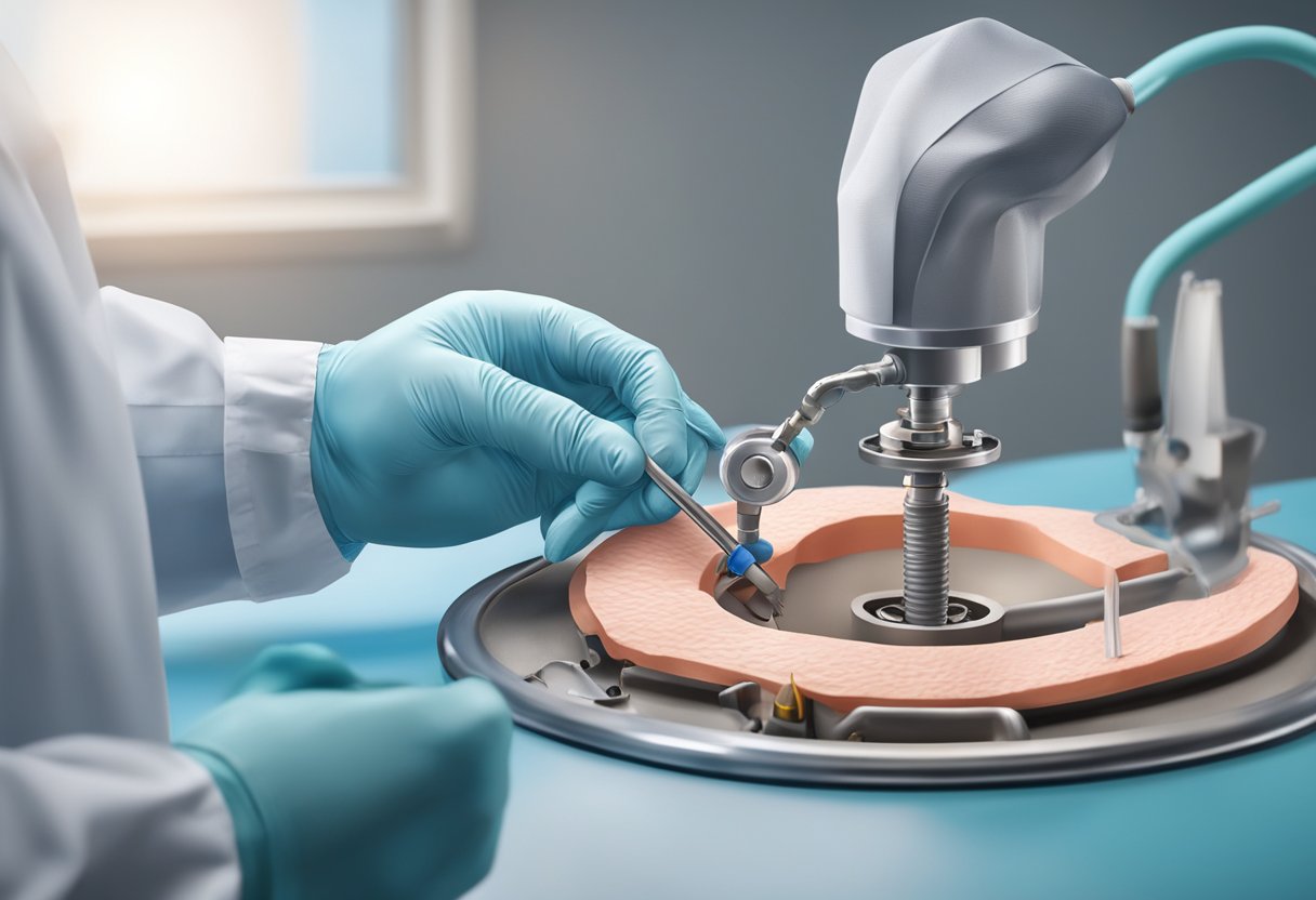 A keyhole heart valve replacement surgery in progress, with a surgeon using specialized tools to carefully remove and replace the damaged valve