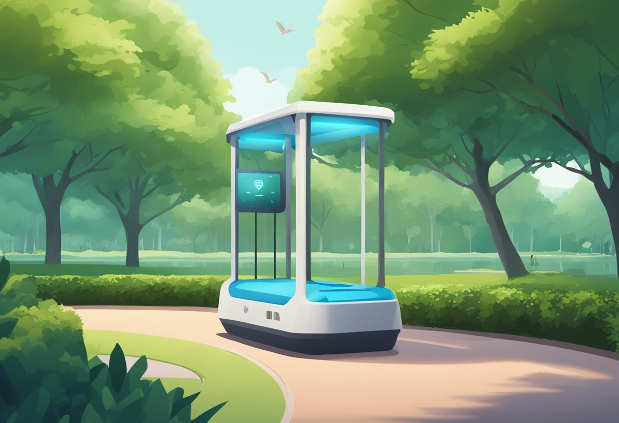 A peaceful park with a heart rate monitor displaying a low resting heart rate in Singapore. Surrounding greenery and calm atmosphere