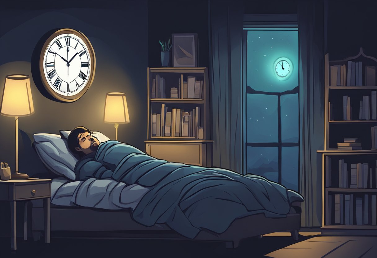A dark room with a glowing clock showing midnight. A shadowy figure lies in bed, clutching their chest, eyes wide with fear