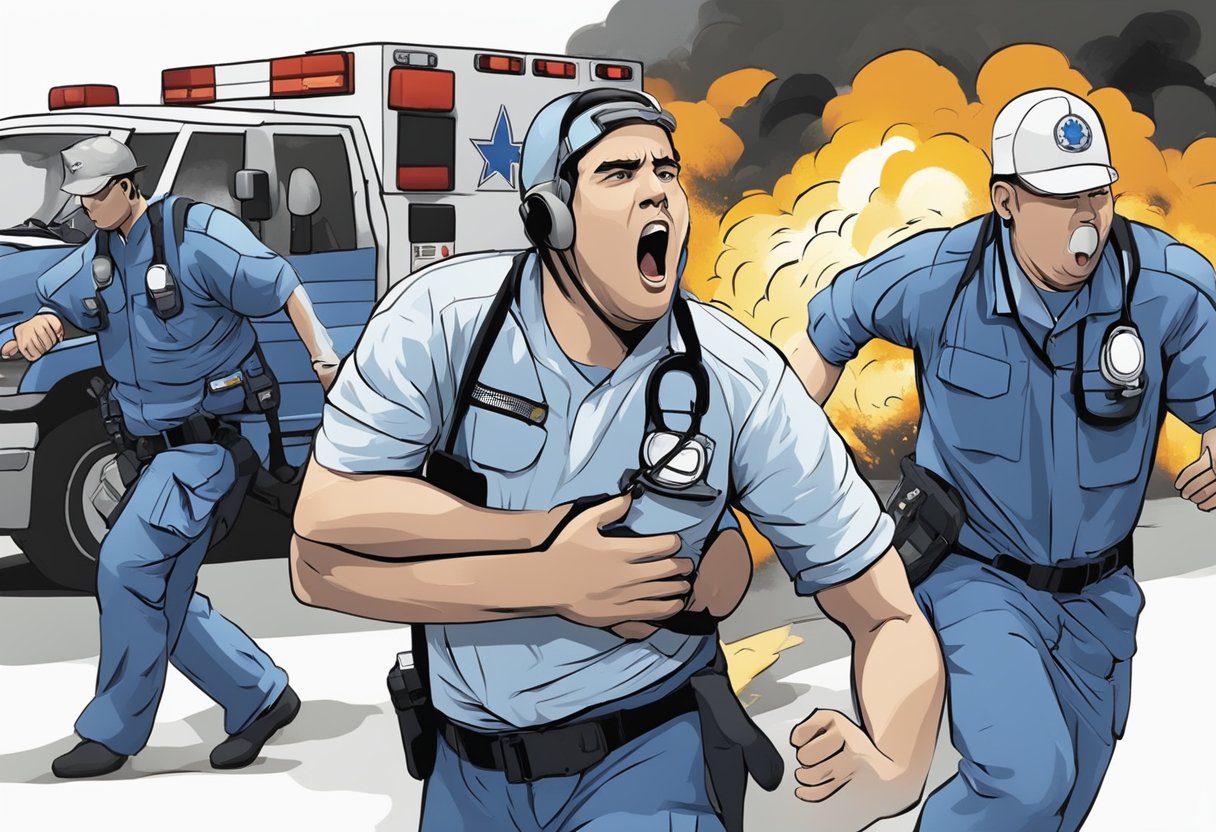 A person clutching their chest, grimacing in pain, with a sense of urgency and panic in the air. Emergency medical personnel rushing to the scene with equipment ready to assist