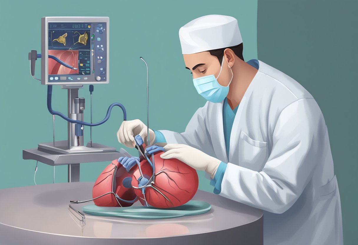 A surgeon operates on a beating heart through a small incision, replacing the damaged valve with a new one