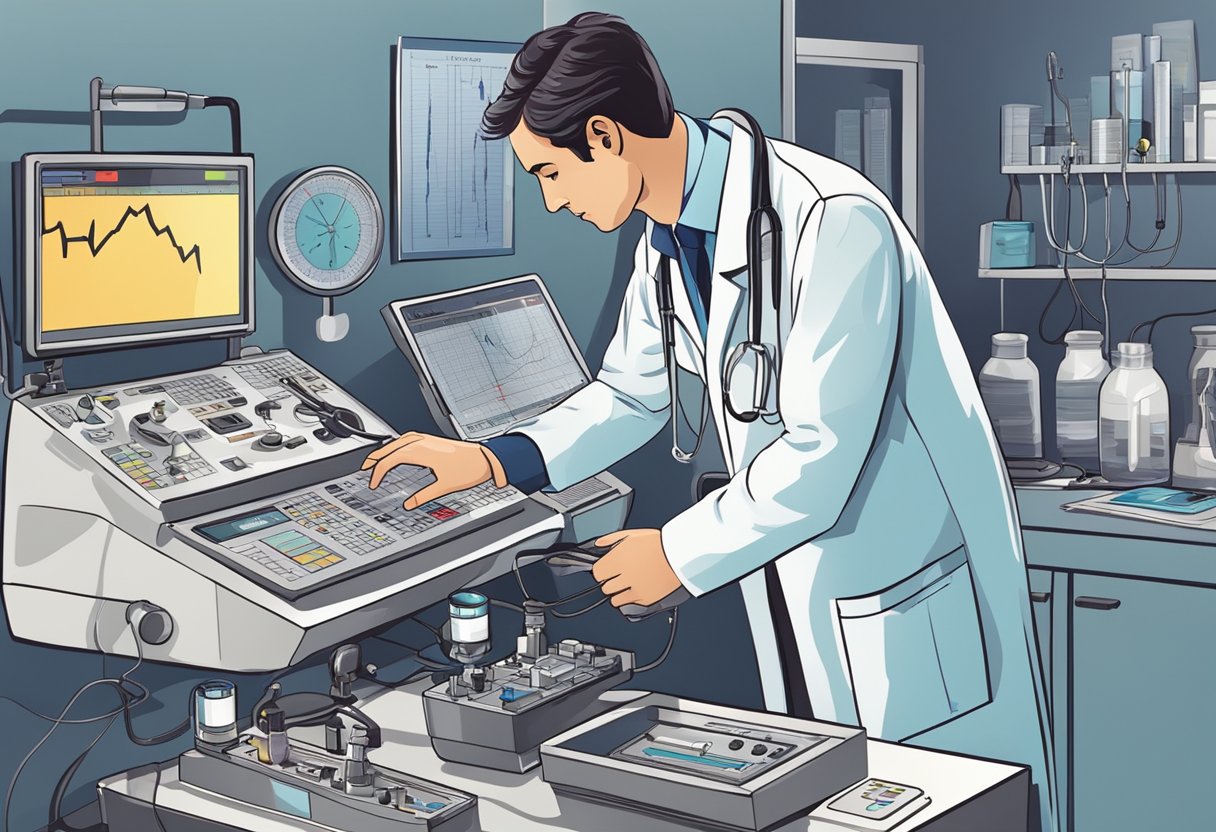 A doctor examines an EKG machine, surrounded by medical equipment and charts