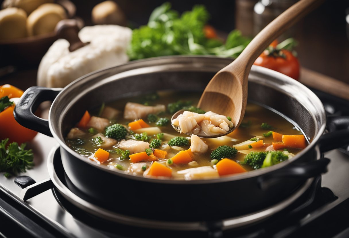 A pot simmering on a stove, filled with broth, vegetables, and chunks of fresh fish. A wooden spoon rests on the edge of the pot