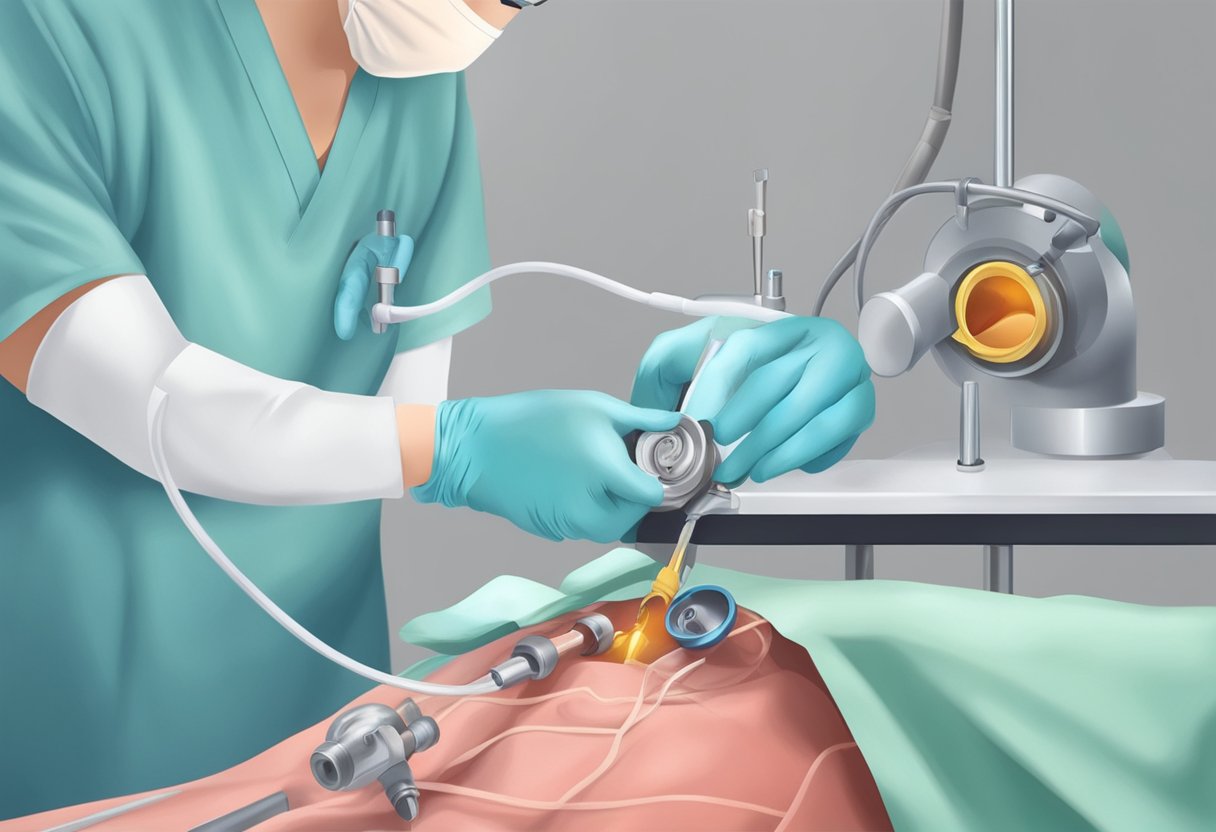 A surgeon inserts a small keyhole valve into a heart, improving blood flow