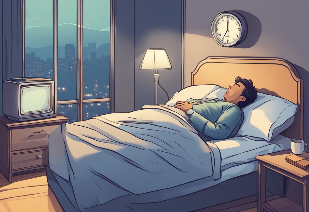 A person lying in bed, wide awake, with a hand on their chest feeling their heart beating rapidly. A clock on the nightstand shows it's late at night