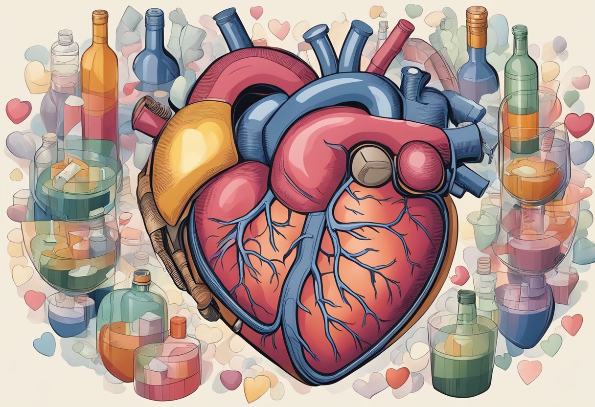 A heart surrounded by stressors, like high blood pressure and excessive alcohol, leading to enlargement