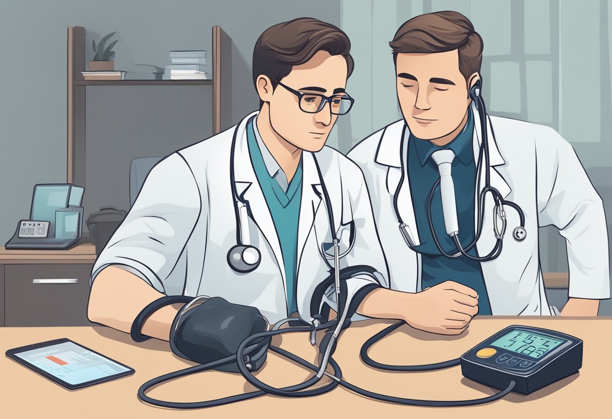 A doctor monitoring a patient's blood pressure, with a heart monitor showing signs of distress, and a sudden collapse