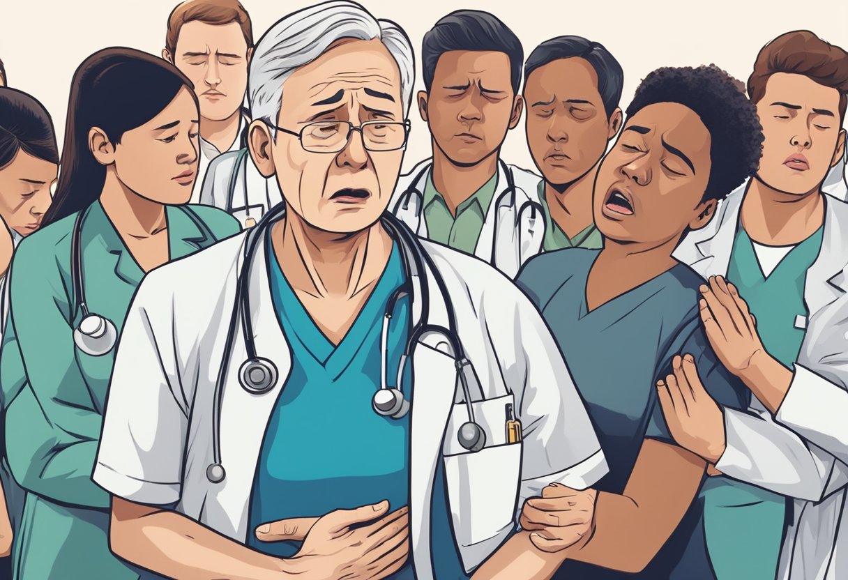 A person clutching their chest in pain, with a look of distress on their face, surrounded by concerned onlookers and medical personnel