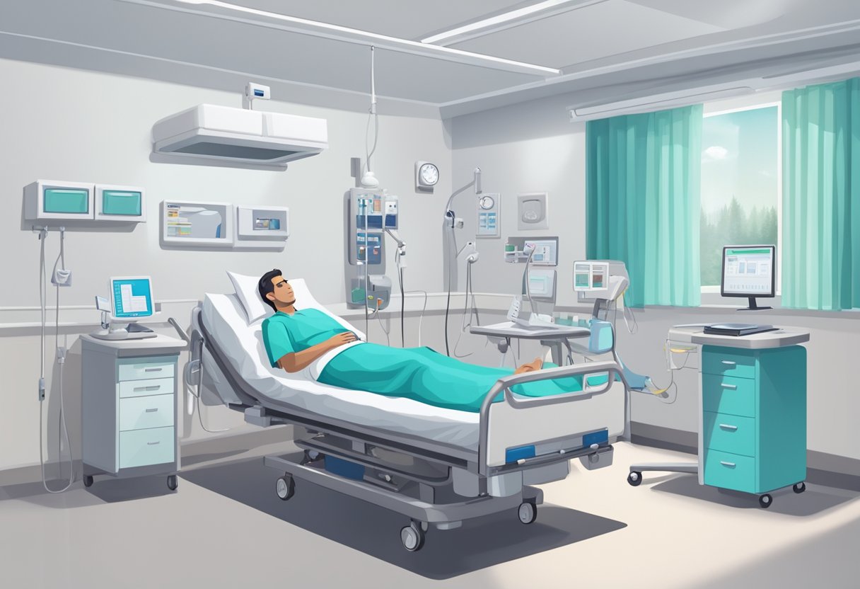 A hospital room with a patient in a bed, surrounded by medical equipment. A nurse checks vitals while the patient rests, with a sense of relief and hope in the air
