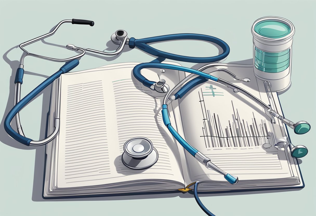 An open cardiology journal lies on a desk, surrounded by medical equipment and a stethoscope. EKG waves are visible on the page