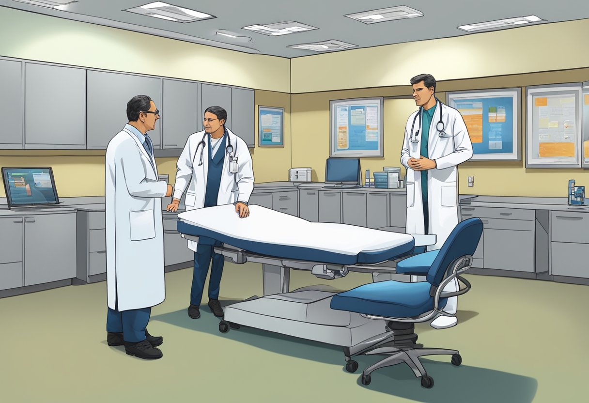A cardiologist and a cardiac surgeon discussing patient care and treatment options in a hospital conference room