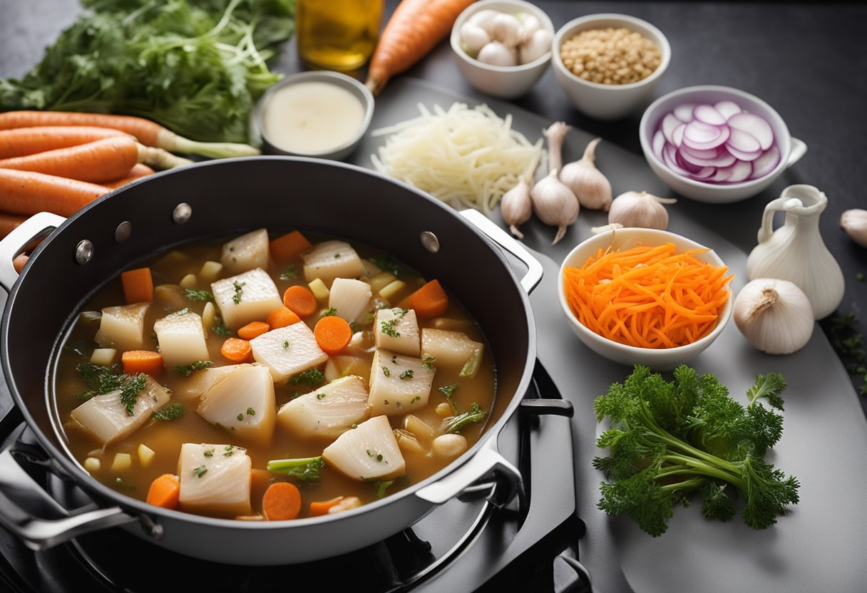 A pot simmering on a stove with fish, vegetables, and broth. A bowl of chopped onions, carrots, and garlic nearby. Ingredients labeled and arranged neatly on a countertop