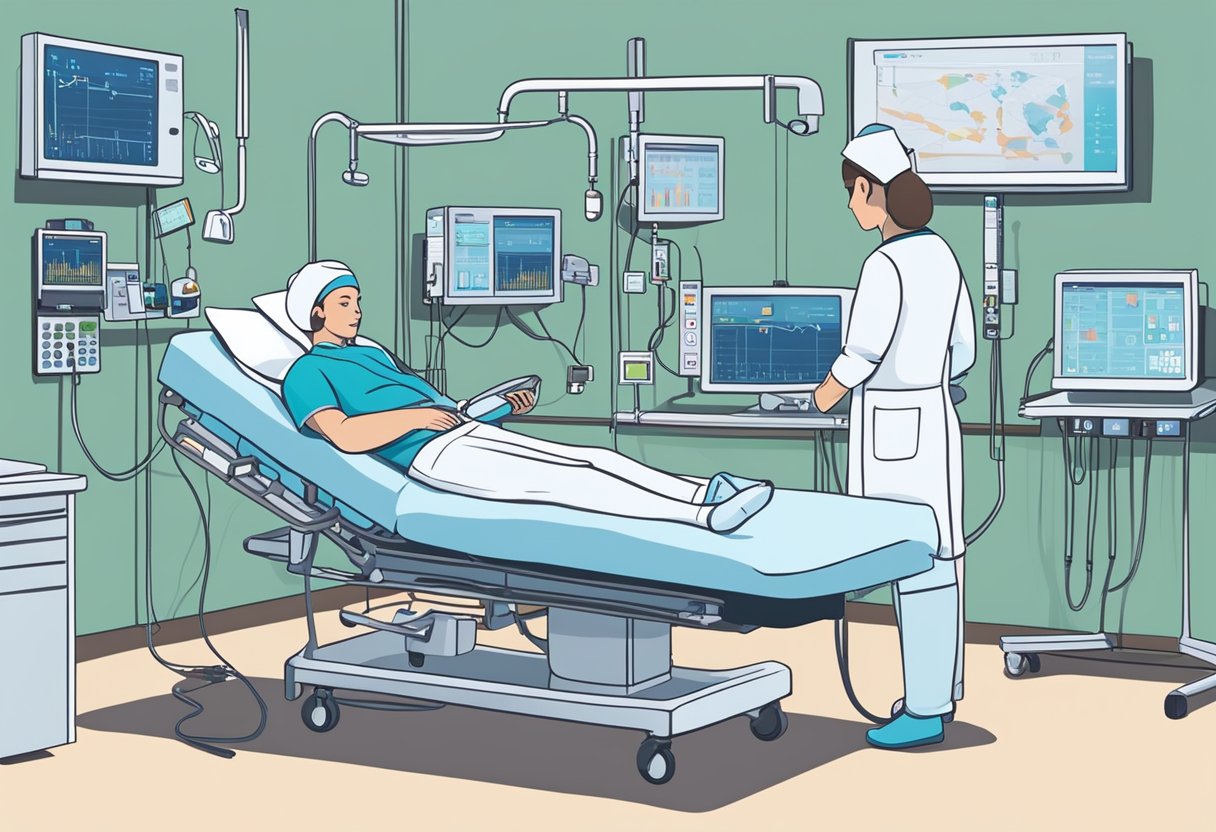A patient lies in a hospital bed connected to various monitors and IV lines. A nurse checks vital signs and adjusts the patient's position for comfort