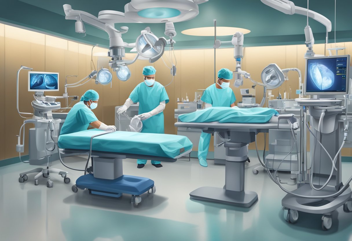 A keyhole heart valve replacement procedure being performed in a modern operating room with advanced medical equipment and a team of skilled surgeons and nurses