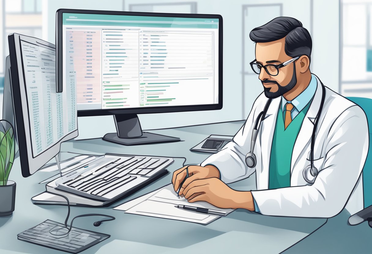 A doctor reviewing a list of frequently asked questions about cardiology on a computer screen