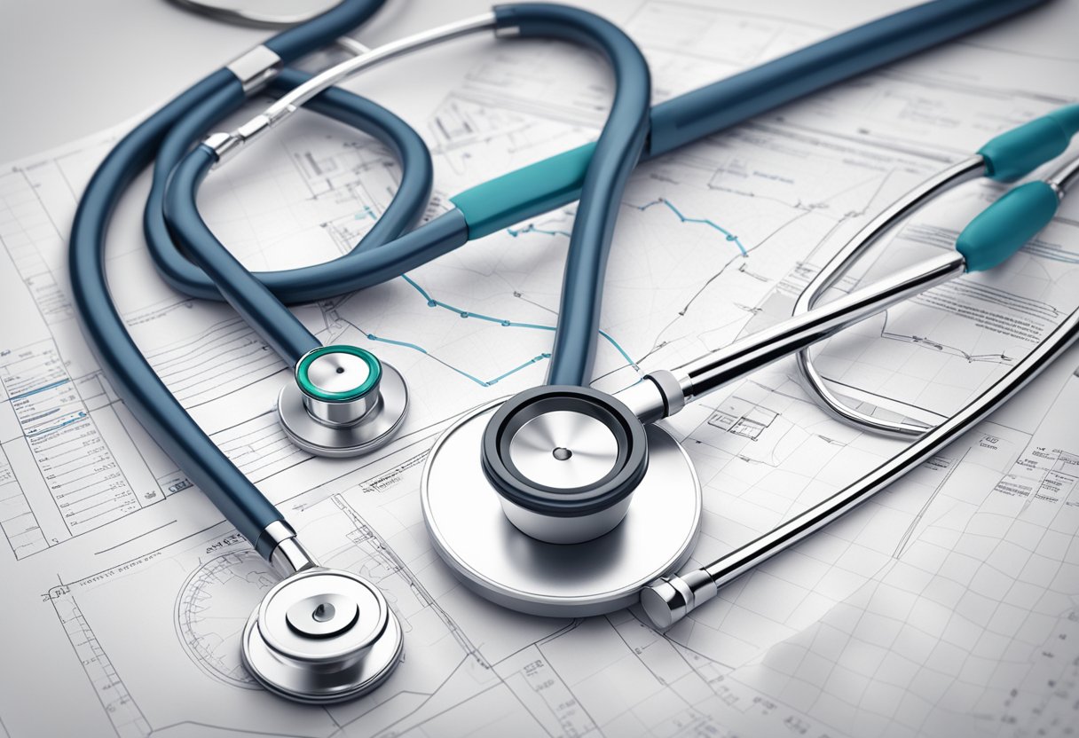 A stethoscope rests on an open cardiology journal, surrounded by medical charts and diagrams, highlighting the core principles of cardiology